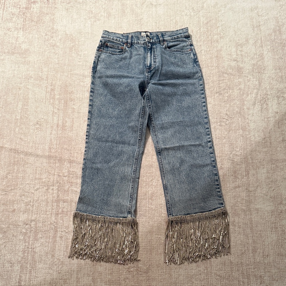 Alice + Olivia Blue Rhinestone Fringe Hem Wide Leg Jeans size 27 brand new